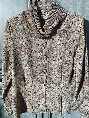 Eva Laurel Beige and Brown Paisley Blouse with Pleated Scarf-like Collar.